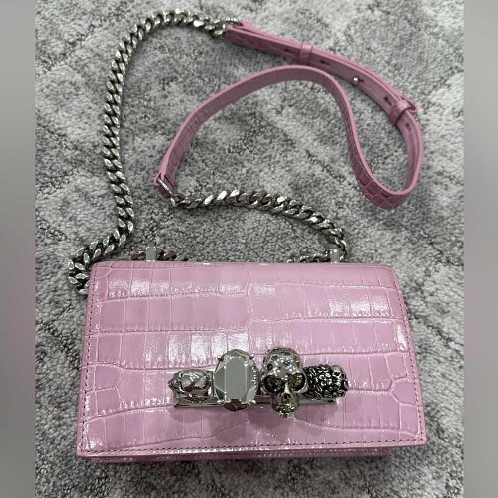 Alexander McQueen Pink Croc-Embossed Crossbody Bag with Silver Chain